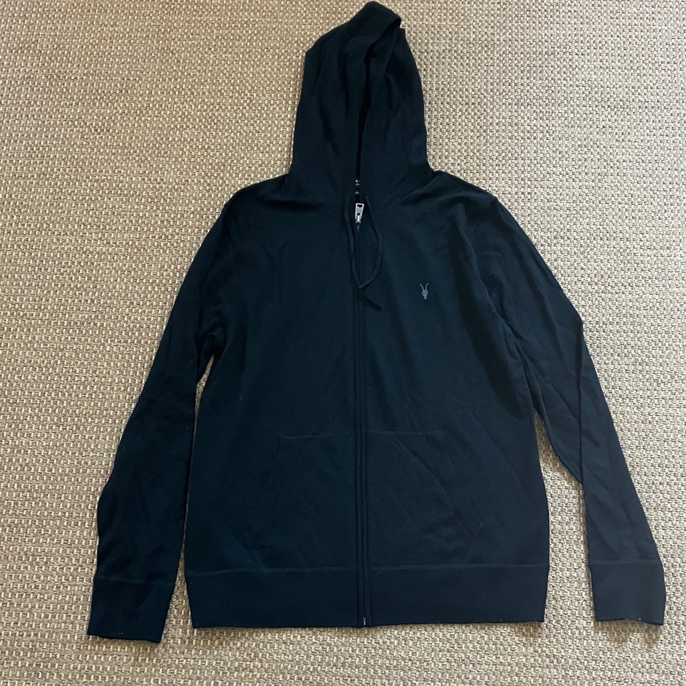 All Saints Men’s zip up sweater hoodie sz XL 100% merino wool black